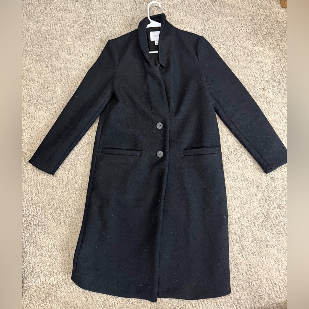 Old Navy Black Trench Coat XS Classic Long Minimal Jacket - Picture 1 of 6